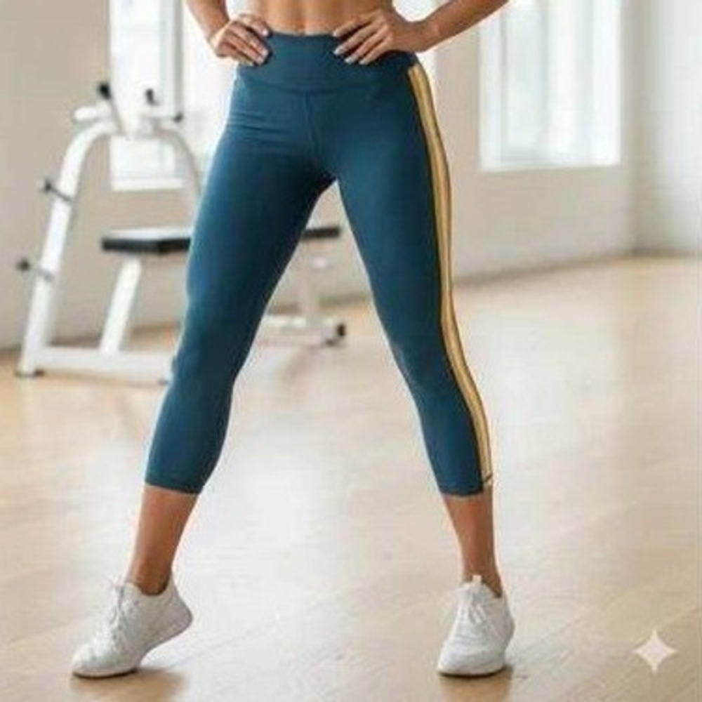 Zyia Janis Light N Tight High Rise Leggings Teal Yellow Stripe‎ Active Athletic